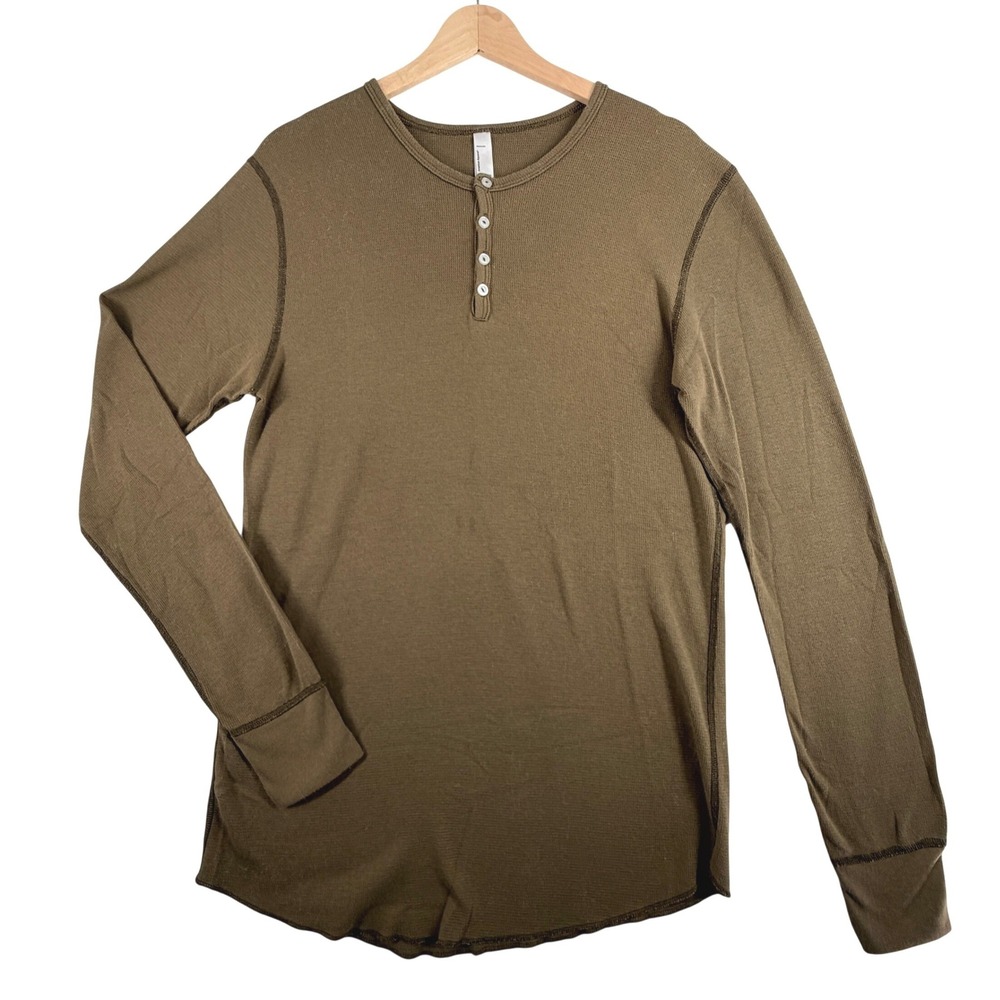American Apparel Mens XL Baby Thermal Henley Dexter Kill Room Shirt Green Brown - Picture 2 of 9
